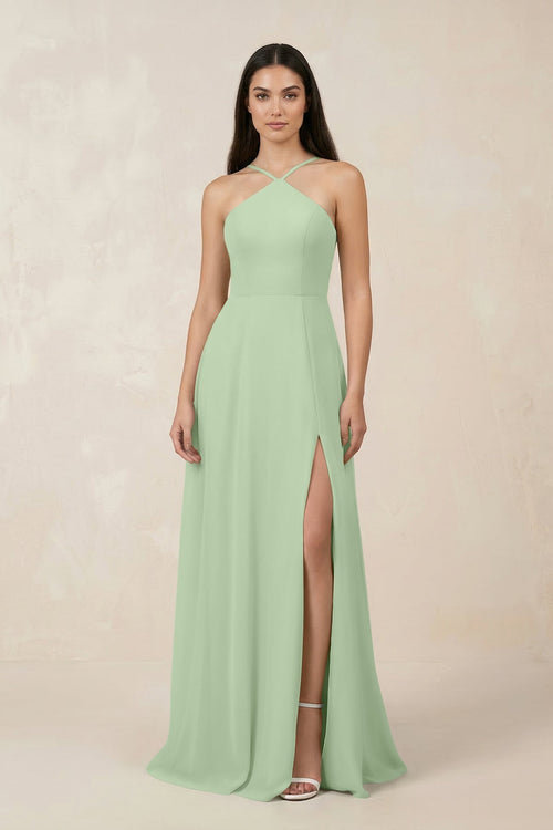 Halter Chiffon A - Line Bridesmaid Dress With Slit in Sage - KissProm Bridesmaid Dresses