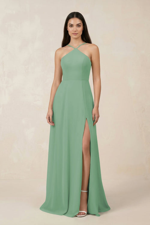 Halter Chiffon A - Line Bridesmaid Dress With Slit in Sea Glass - KissProm Bridesmaid Dresses