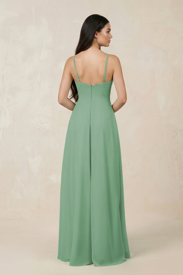 Halter Chiffon A - Line Bridesmaid Dress With Slit in Sea Glass - KissProm Bridesmaid Dresses