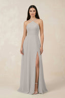 Halter Chiffon A - Line Bridesmaid Dress With Slit in Silver - KissProm Bridesmaid Dresses