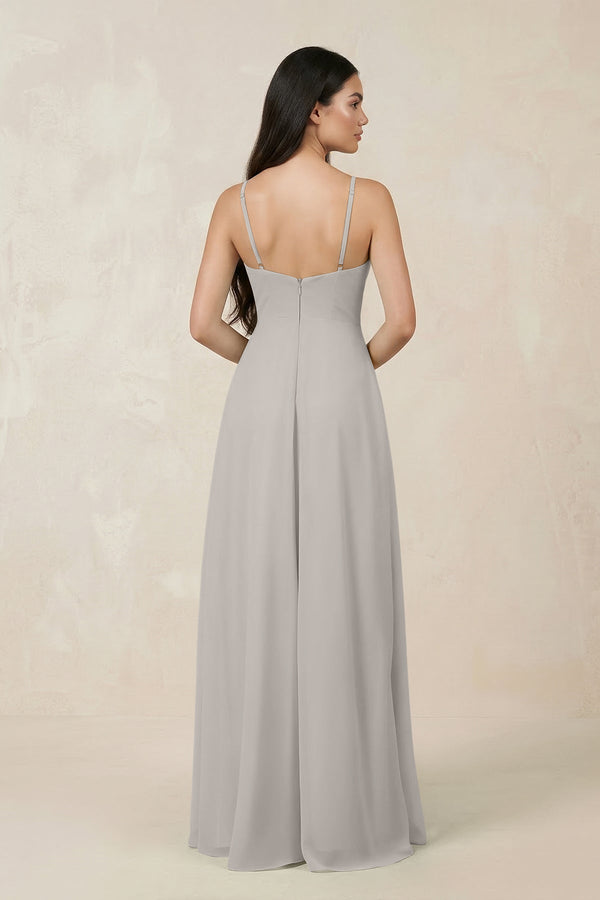 Halter Chiffon A - Line Bridesmaid Dress With Slit in Silver - KissProm Bridesmaid Dresses