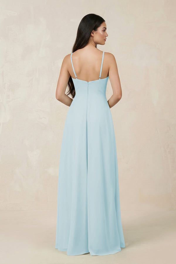 Halter Chiffon A - Line Bridesmaid Dress With Slit in Sky Blue - KissProm Bridesmaid Dresses