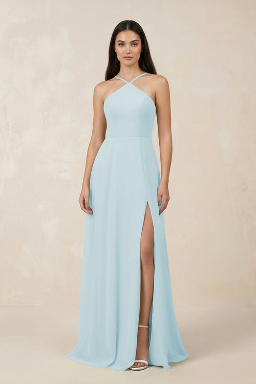 Halter Chiffon A - Line Bridesmaid Dress With Slit in Sky Blue - KissProm Bridesmaid Dresses