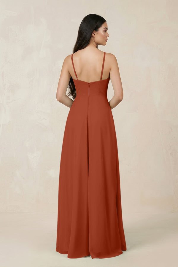 Halter Chiffon A - Line Bridesmaid Dress With Slit in Spice - KissProm Bridesmaid Dresses