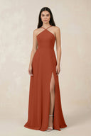 Halter Chiffon A - Line Bridesmaid Dress With Slit in Spice - KissProm Bridesmaid Dresses
