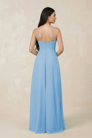 Halter Chiffon A - Line Bridesmaid Dress With Slit in Steel Blue - KissProm Bridesmaid Dresses
