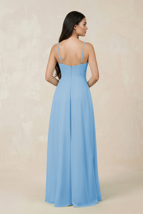Halter Chiffon A - Line Bridesmaid Dress With Slit in Steel Blue - KissProm Bridesmaid Dresses