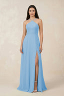 Halter Chiffon A - Line Bridesmaid Dress With Slit in Steel Blue - KissProm Bridesmaid Dresses