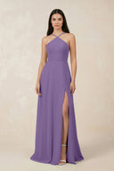 Halter Chiffon A - Line Bridesmaid Dress With Slit in Tahiti - KissProm Bridesmaid Dresses