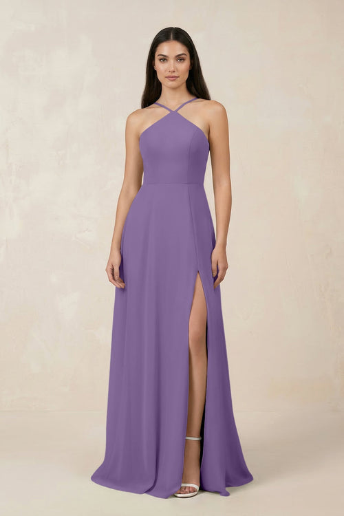 Halter Chiffon A - Line Bridesmaid Dress With Slit in Tahiti - KissProm Bridesmaid Dresses