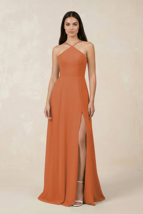 Halter Chiffon A - Line Bridesmaid Dress With Slit in Terracotta - KissProm Bridesmaid Dresses