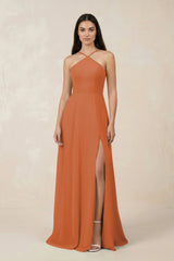Halter Chiffon A - Line Bridesmaid Dress With Slit in Terracotta - KissProm Bridesmaid Dresses