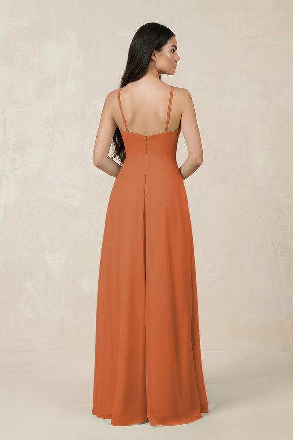 Halter Chiffon A - Line Bridesmaid Dress With Slit in Terracotta - KissProm Bridesmaid Dresses