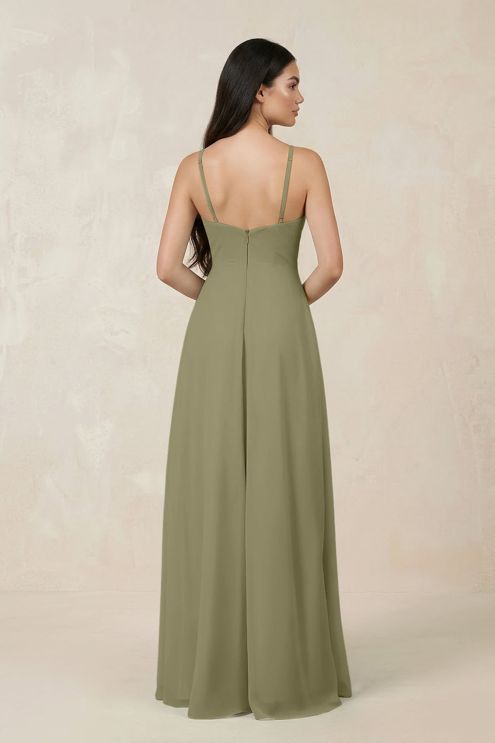 Halter Chiffon A - Line Bridesmaid Dress With Slit in Thyme - KissProm Bridesmaid Dresses