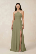Halter Chiffon A - Line Bridesmaid Dress With Slit in Thyme - KissProm Bridesmaid Dresses