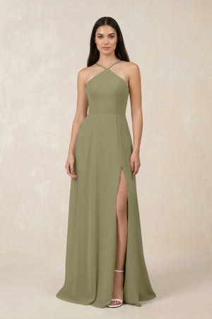 Halter Chiffon A - Line Bridesmaid Dress With Slit in Thyme - KissProm Bridesmaid Dresses
