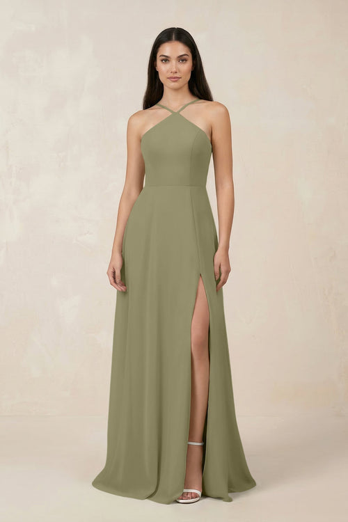 Halter Chiffon A - Line Bridesmaid Dress With Slit in Thyme - KissProm Bridesmaid Dresses