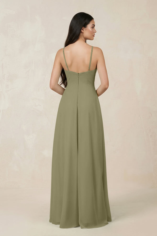 Halter Chiffon A - Line Bridesmaid Dress With Slit in Thyme - KissProm Bridesmaid Dresses