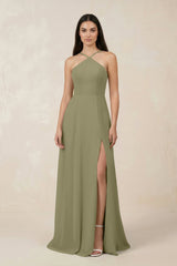 Halter Chiffon A - Line Bridesmaid Dress With Slit in Thyme - KissProm Bridesmaid Dresses