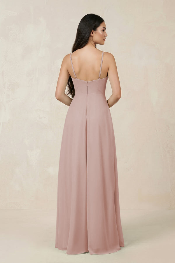 Halter Chiffon A - Line Bridesmaid Dress With Slit in Toffee - KissProm Bridesmaid Dresses