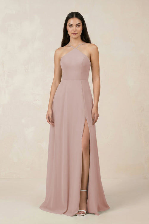 Halter Chiffon A - Line Bridesmaid Dress With Slit in Toffee - KissProm Bridesmaid Dresses