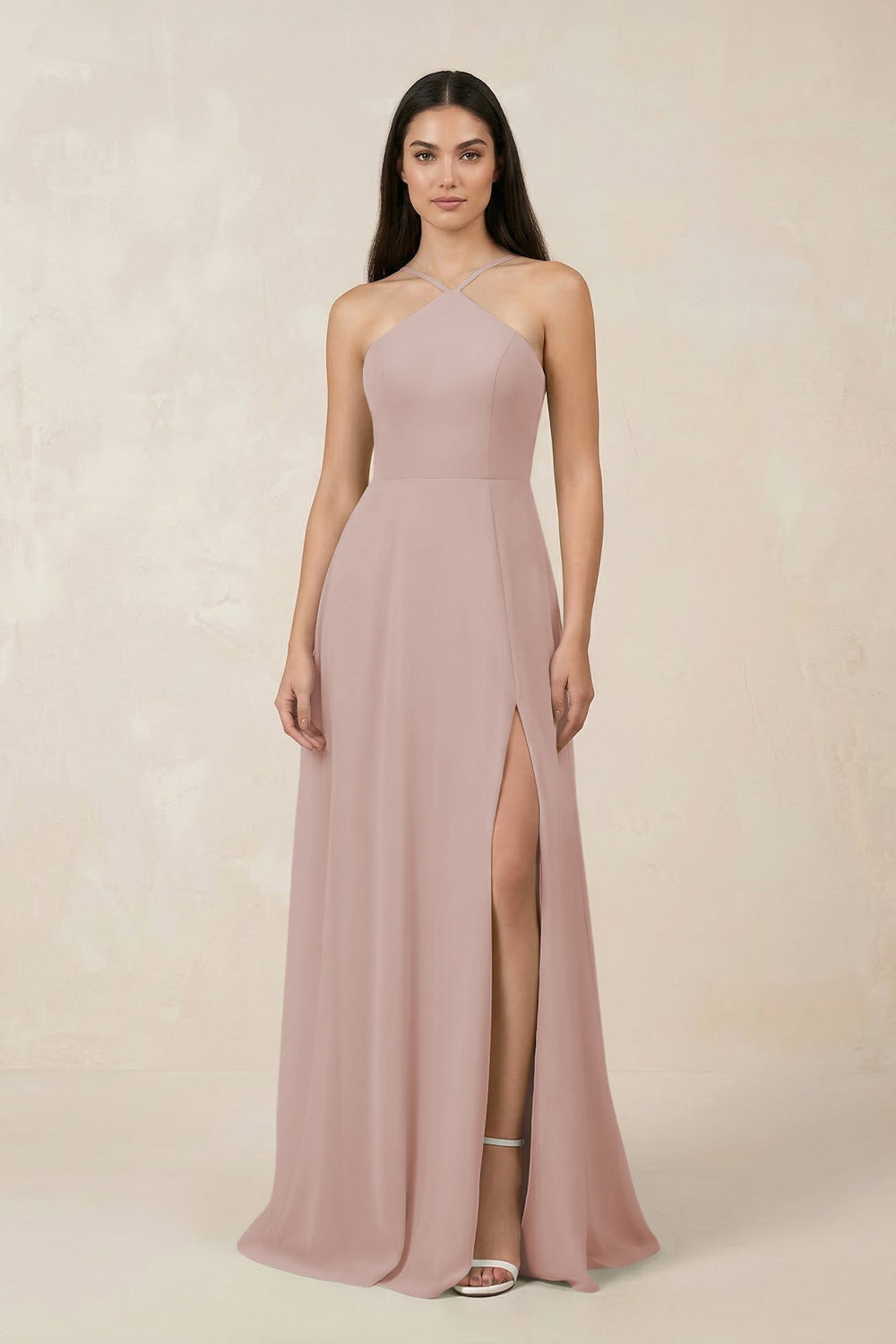 Halter Chiffon A - Line Bridesmaid Dress With Slit in Toffee - KissProm Bridesmaid Dresses