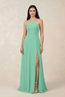 Halter Chiffon A - Line Bridesmaid Dress With Slit in Turquoise - KissProm Bridesmaid Dresses