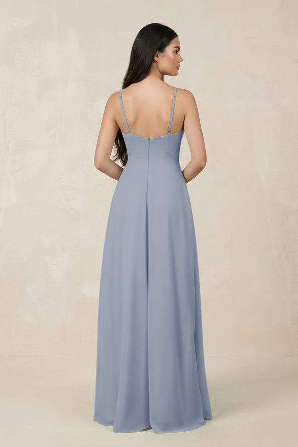 Halter Chiffon A - Line Bridesmaid Dress With Slit in Twilight - KissProm Bridesmaid Dresses
