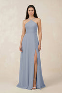 Halter Chiffon A - Line Bridesmaid Dress With Slit in Twilight - KissProm Bridesmaid Dresses