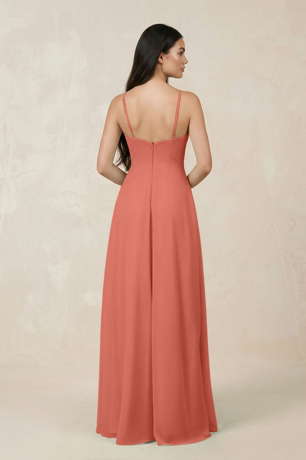 Halter Chiffon A - Line Bridesmaid Dress With Slit in Wild Rose - KissProm Bridesmaid Dresses