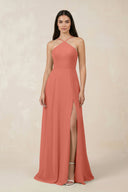 Halter Chiffon A - Line Bridesmaid Dress With Slit in Wild Rose - KissProm Bridesmaid Dresses