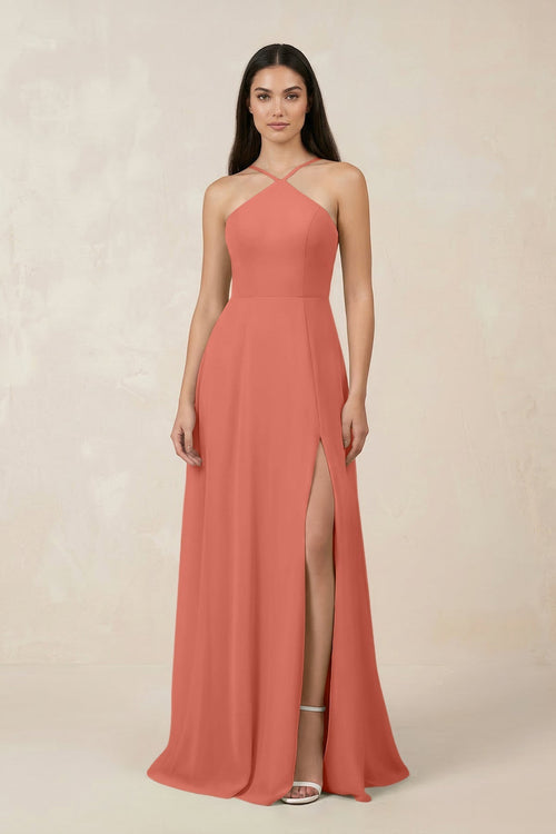 Halter Chiffon A - Line Bridesmaid Dress With Slit in Wild Rose - KissProm Bridesmaid Dresses