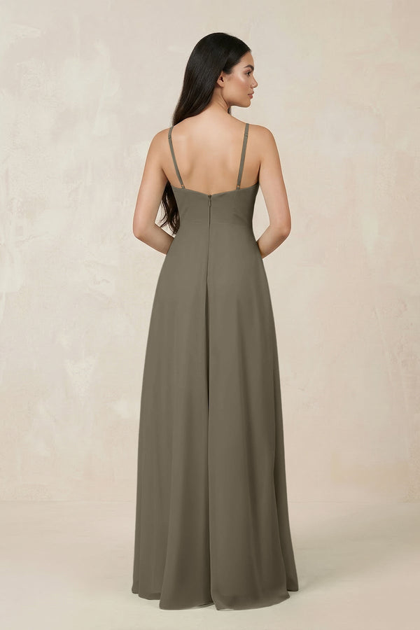 Halter Chiffon A - Line Bridesmaid Dress With Slit in Willow Green - KissProm Bridesmaid Dresses