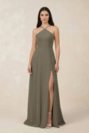 Halter Chiffon A - Line Bridesmaid Dress With Slit in Willow Green - KissProm Bridesmaid Dresses