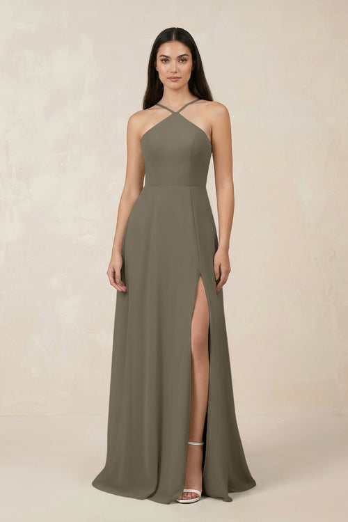 Halter Chiffon A - Line Bridesmaid Dress With Slit in Willow Green - KissProm Bridesmaid Dresses