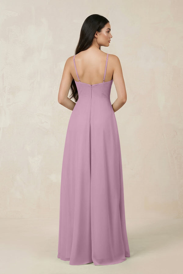 Halter Chiffon A - Line Bridesmaid Dress With Slit in Wisteria - KissProm Bridesmaid Dresses