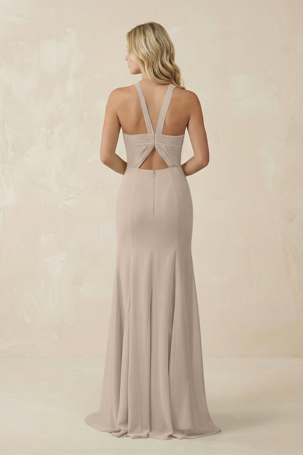 Halter Chiffon Mermaid Ruched Bridesmaid Dress in Almond - KissProm Bridesmaid Dresses