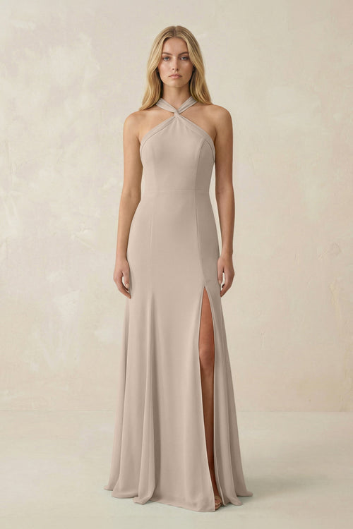 Halter Chiffon Mermaid Ruched Bridesmaid Dress in Almond - KissProm Bridesmaid Dresses