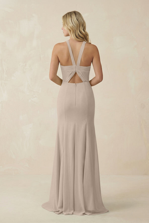 Halter Chiffon Mermaid Ruched Bridesmaid Dress in Almond - KissProm Bridesmaid Dresses