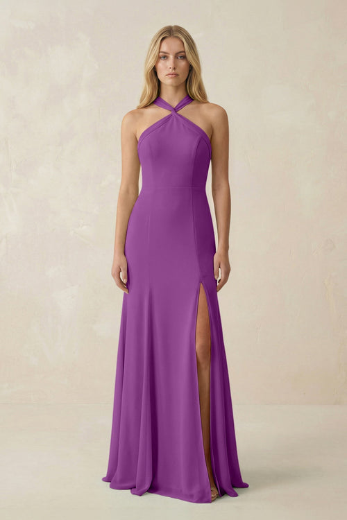 Halter Chiffon Mermaid Ruched Bridesmaid Dress in Amethyst - KissProm Bridesmaid Dresses