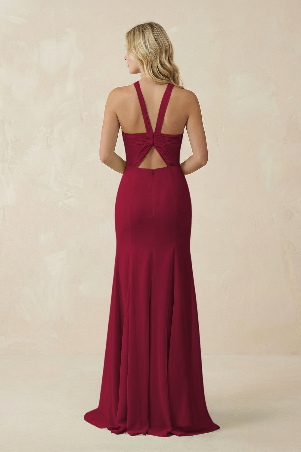 Halter Chiffon Mermaid Ruched Bridesmaid Dress in Berry - KissProm Bridesmaid Dresses