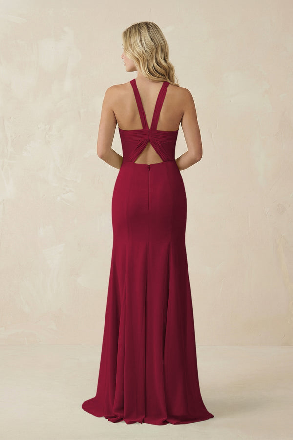 Halter Chiffon Mermaid Ruched Bridesmaid Dress in Berry - KissProm Bridesmaid Dresses