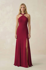 Halter Chiffon Mermaid Ruched Bridesmaid Dress in Berry - KissProm Bridesmaid Dresses