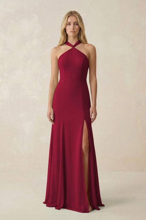 Halter Chiffon Mermaid Ruched Bridesmaid Dress in Berry - KissProm Bridesmaid Dresses