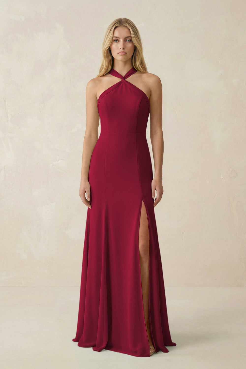 Halter Chiffon Mermaid Ruched Bridesmaid Dress in Berry - KissProm Bridesmaid Dresses