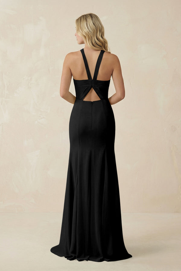 Halter Chiffon Mermaid Ruched Bridesmaid Dress in Black - KissProm Bridesmaid Dresses