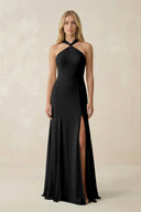 Halter Chiffon Mermaid Ruched Bridesmaid Dress in Black - KissProm Bridesmaid Dresses