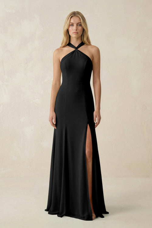 Halter Chiffon Mermaid Ruched Bridesmaid Dress in Black - KissProm Bridesmaid Dresses