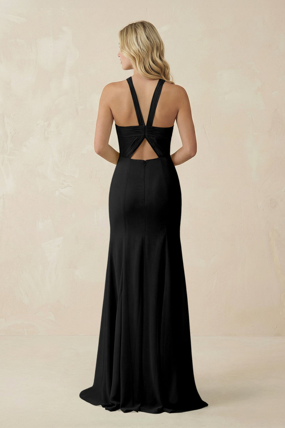 Halter Chiffon Mermaid Ruched Bridesmaid Dress in Black - KissProm Bridesmaid Dresses