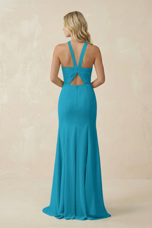 Halter Chiffon Mermaid Ruched Bridesmaid Dress in Blue Jay - KissProm Bridesmaid Dresses